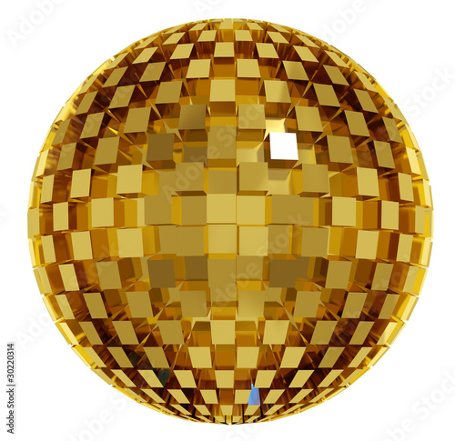 Golden sphere created of cubes isolated. Disco ball. 3d