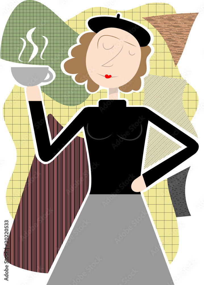 Fototapeta premium Beatnik woman holding coffee cup abstract shapes