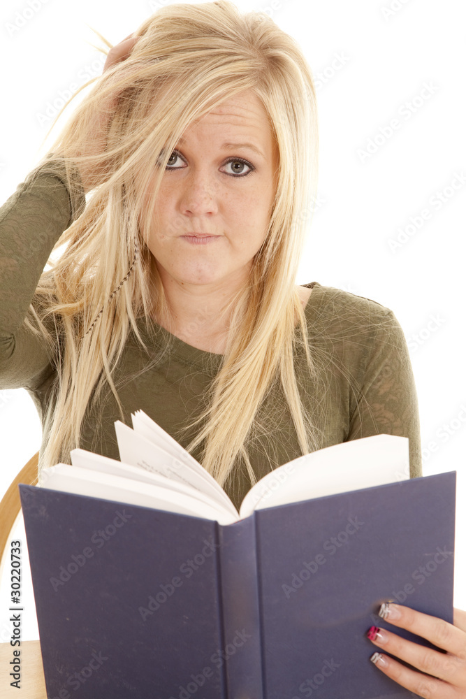 Woman frazzled with book Woman frazzled with book