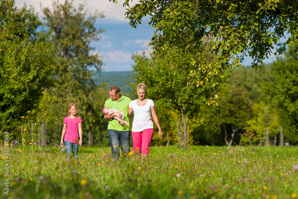 Family with kids having walk in summer