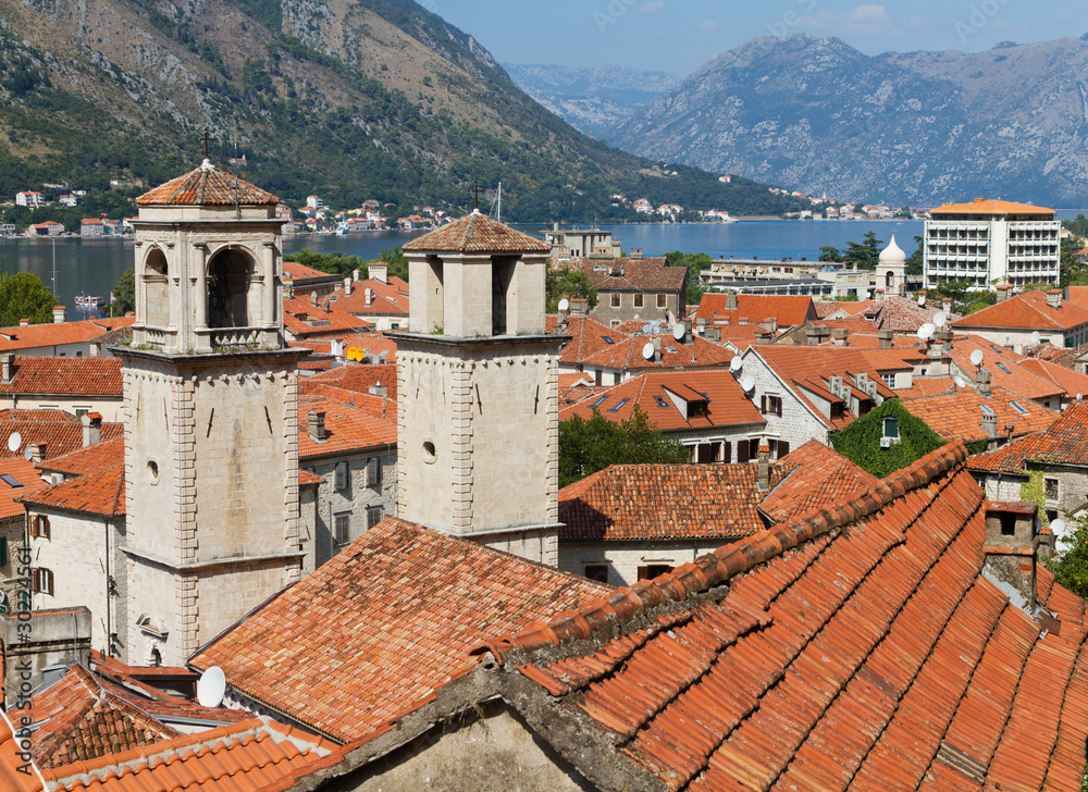 Roofs of Kotor with towers of St Tryphon's Cathedral, Montenegro