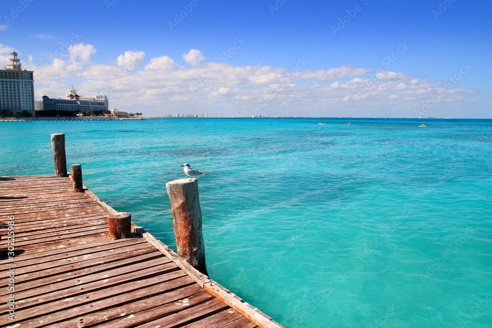 Cancun wood pier  tropical Caribbean sea