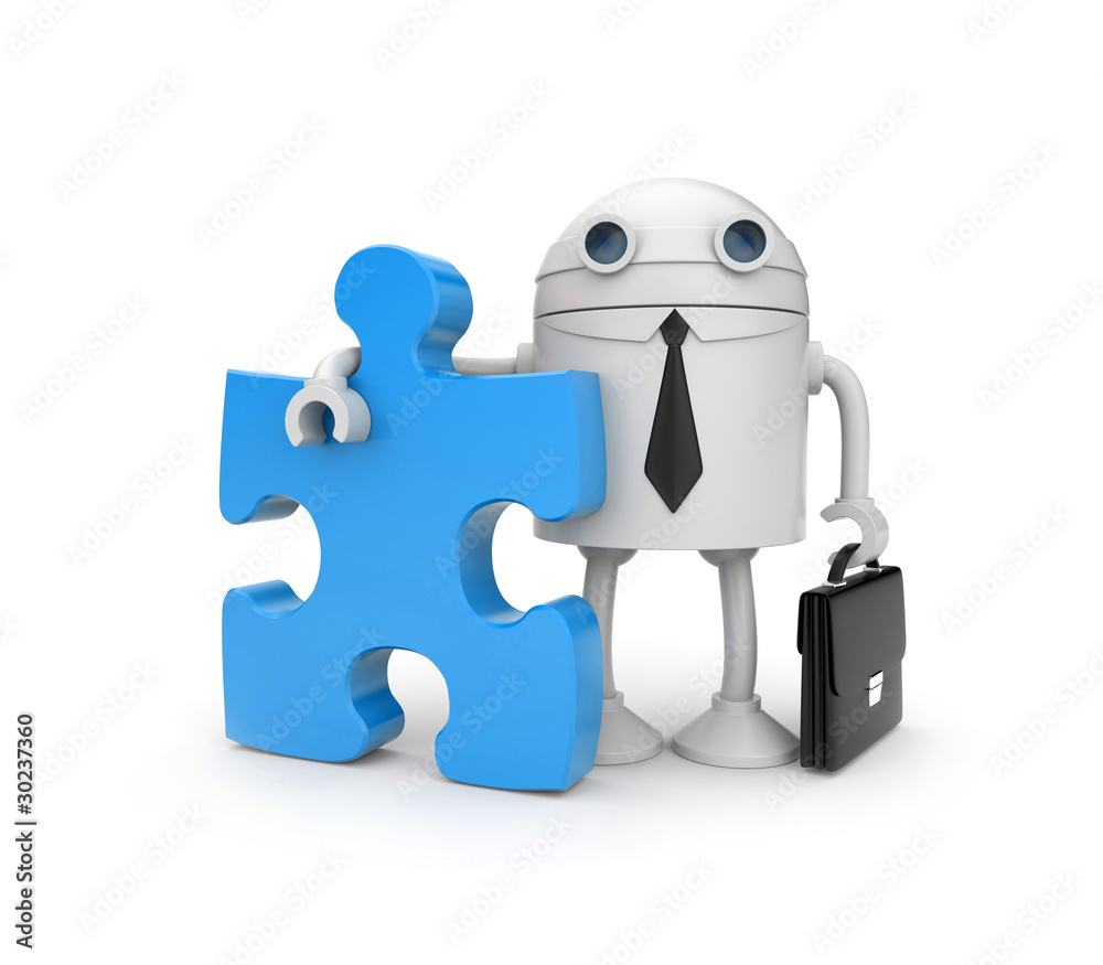 Robot businessman with puzzle