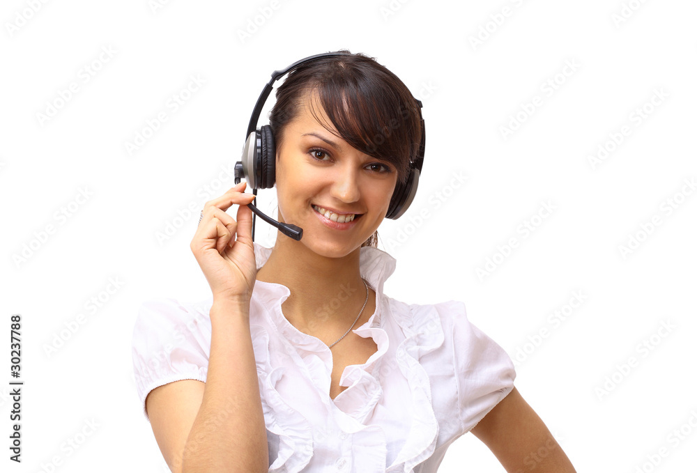 Young and smiling operator isolated over white Young and smiling operator isolated over white