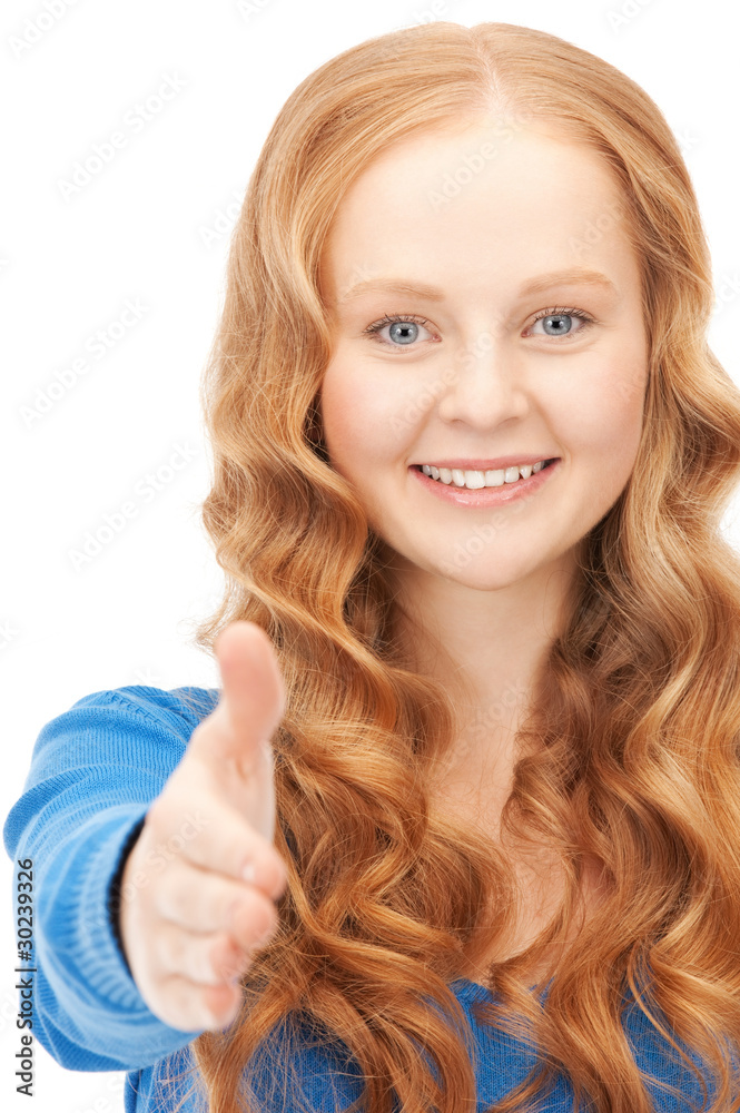 woman with an open hand ready for handshake woman with an open hand ready for handshake