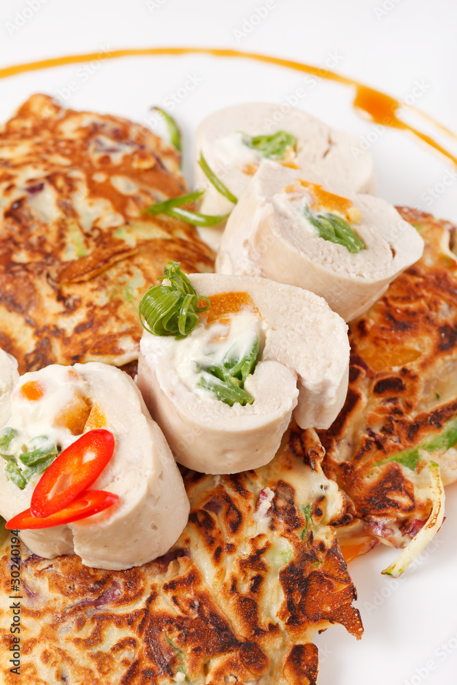 vegetable pancakes with chicken fillet