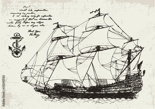 Ancient Sailing Ship and Anchor