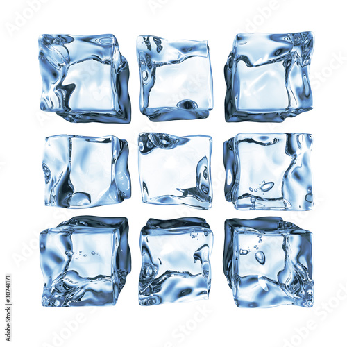 Assortment of 9 blue ice cubes isolated on white