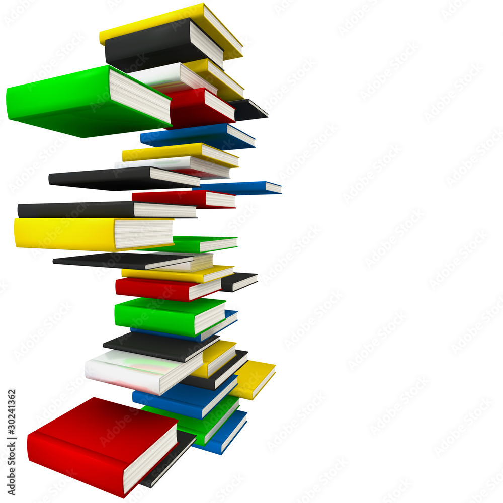 Flying colorful books unstacked in the air over white background Flying colorful books unstacked in the air over white background
