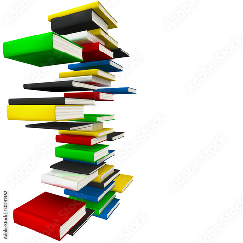 Flying colorful books unstacked in the air over white background photo