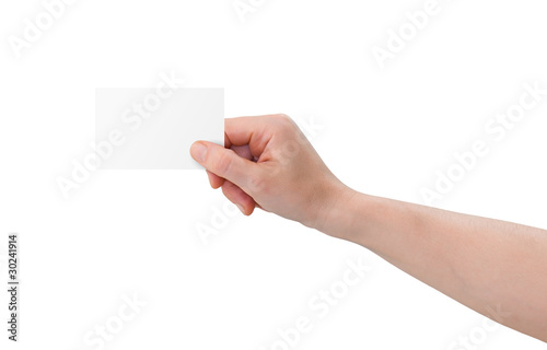 Hand holding blank business card with copy-space, isolated