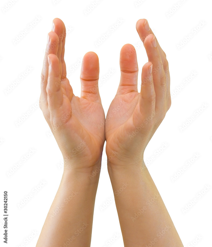 Hands of a caucasian female to hold ball-sized object, isolated on white Hands of a caucasian female to hold ball-sized object, isolated on white