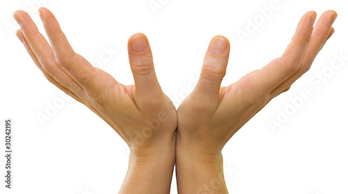 Obraz na plátně Hands of a caucasian female to hold ball-sized object, isolated on white