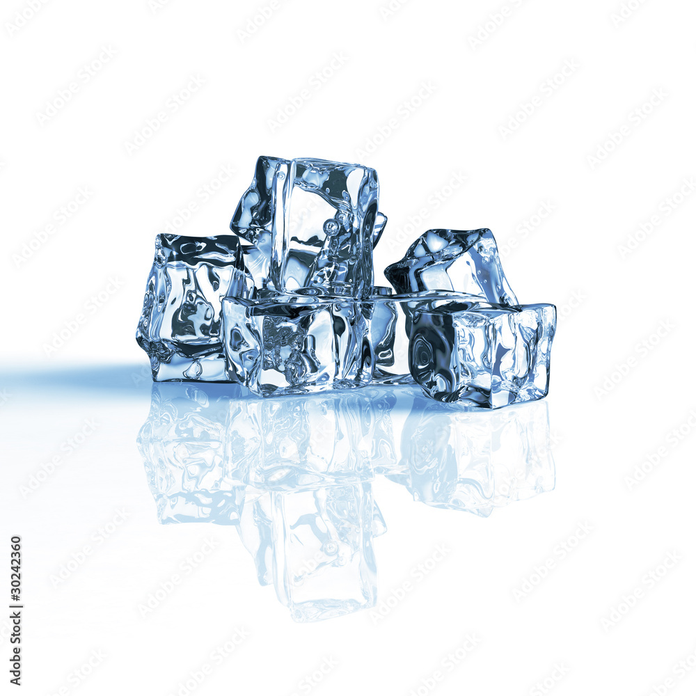 Heap of blue ice cubes isolated on a reflecting white table