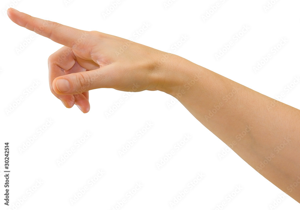 Hand of a caucasian female pointing or pressing objects on a touchscreen interface, isolated on white