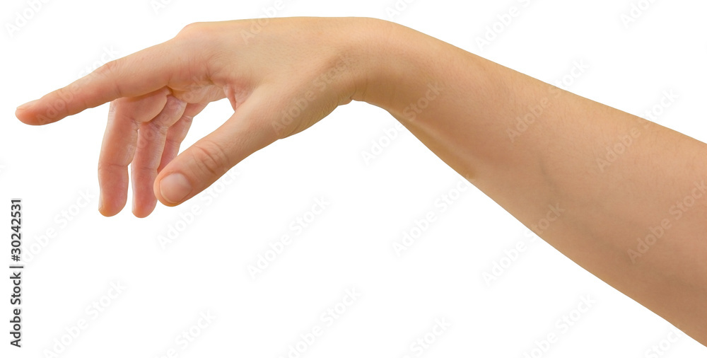 Hand of a caucasian female pointing or pressing objects on a touchscreen interface, isolated on white