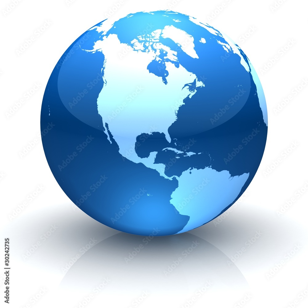 Fototapeta premium Shiny globe marble with detailed continents facing North America