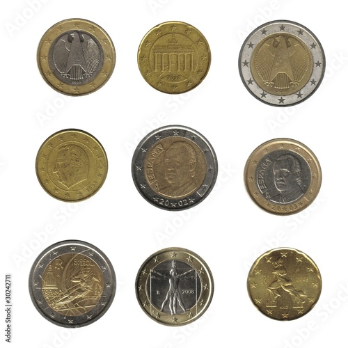 nine euro coins from different nations