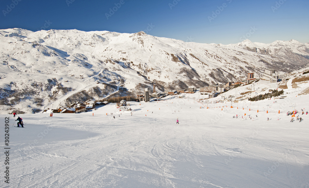 View down a ski slope View down a ski slope