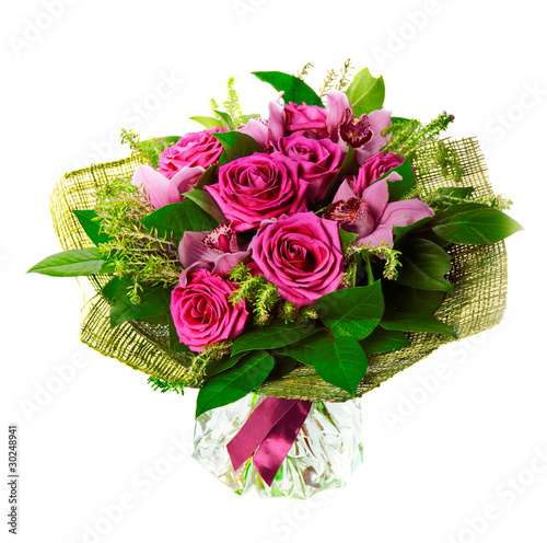 bouquet of lilias and roses isolated over white background
