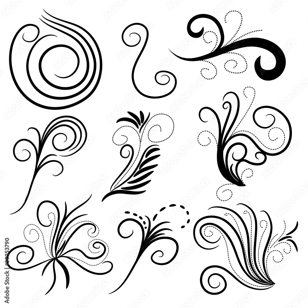 Black curl or swirl collection over white background Black curl or swirl collection over white background