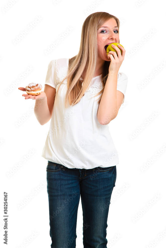 Blond caucasiam woman holding fruits isolated Blond caucasiam woman holding fruits isolated