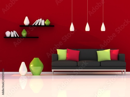 Interior of the modern room, red wall and black sofa