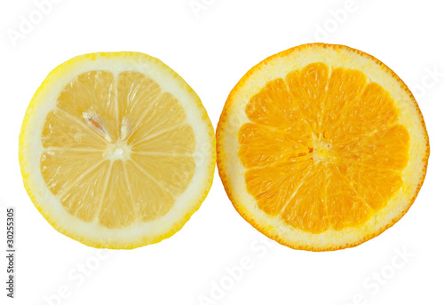 Orange and lemon slices over white
