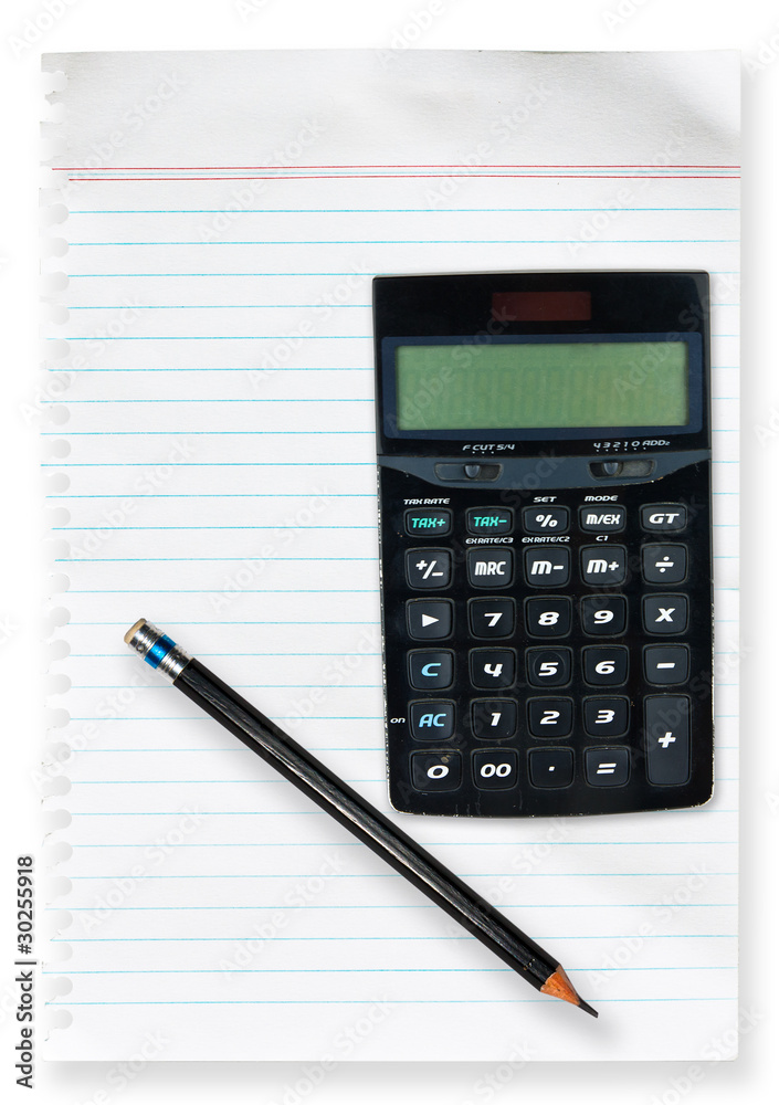 white paper line with Pencil and Calculator isolate white paper line with Pencil and Calculator isolate