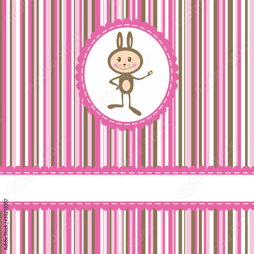 Invitation card with funny rabbit on stripe background