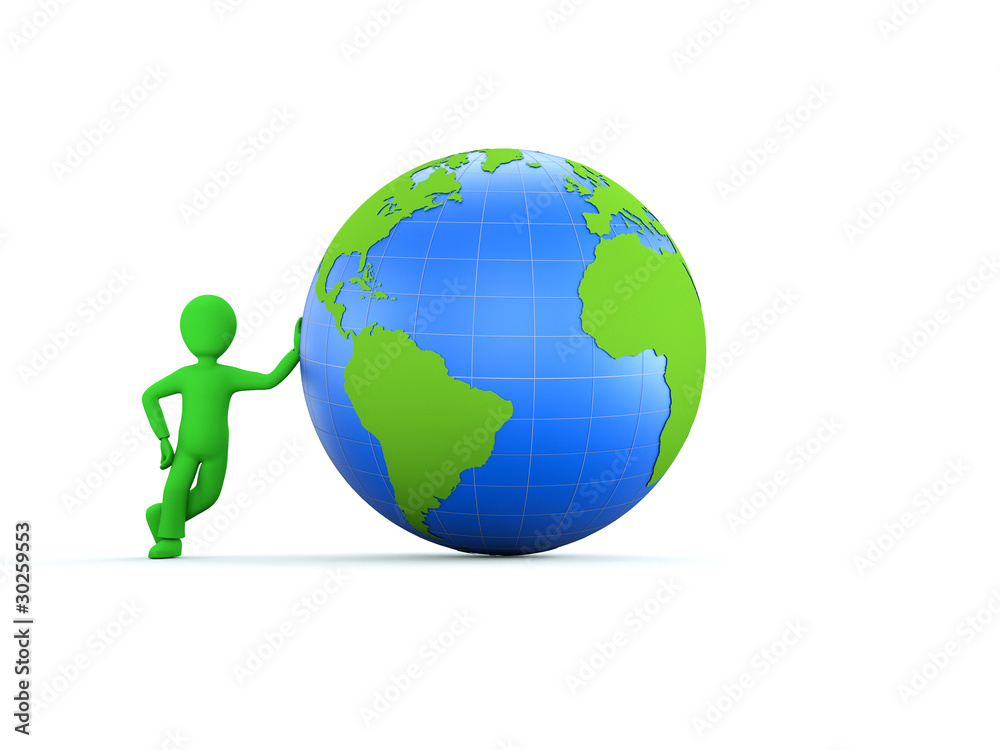 A 3d green character with glossy blue globe