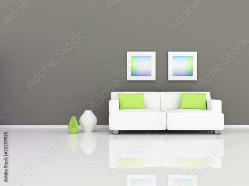 Interior of the modern room, grey wall and white sofa