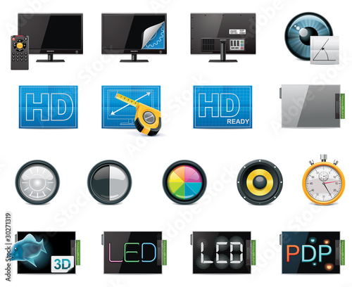 Vector TV features and specifications icon set