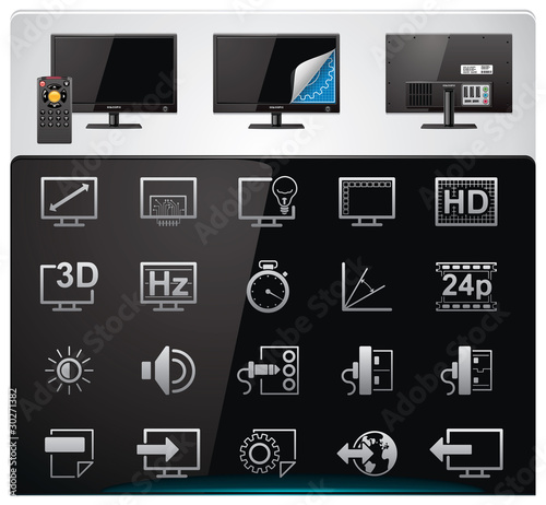 Vector TV features and specifications icon set