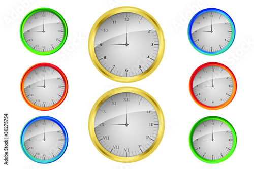 set of colorful vector clock with regular and roman numerals