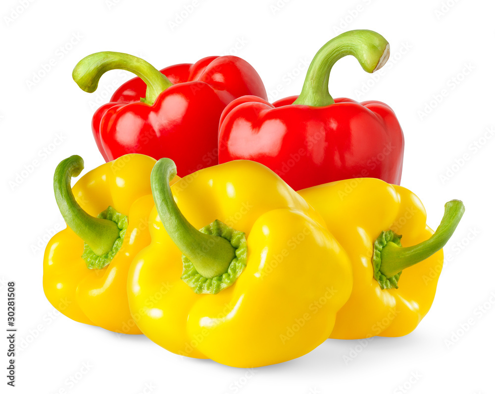 Isolated peppers. Fresh red and yellow bell peppers isolated on white background Isolated peppers. Fresh red and yellow bell peppers isolated on white background