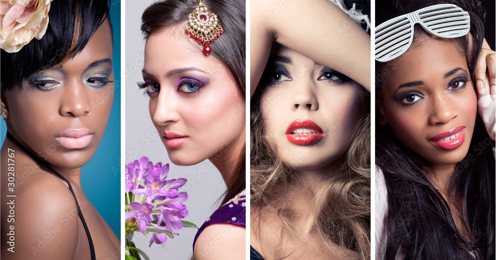 Collage of 4 closeup beauty images of women