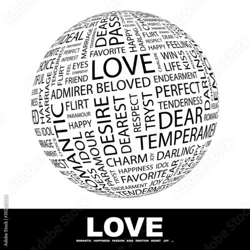 LOVE. Globe with different association terms.