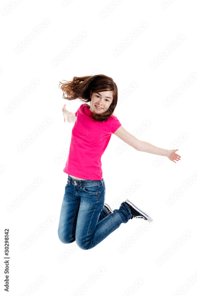 Girl jumping isolated on white background