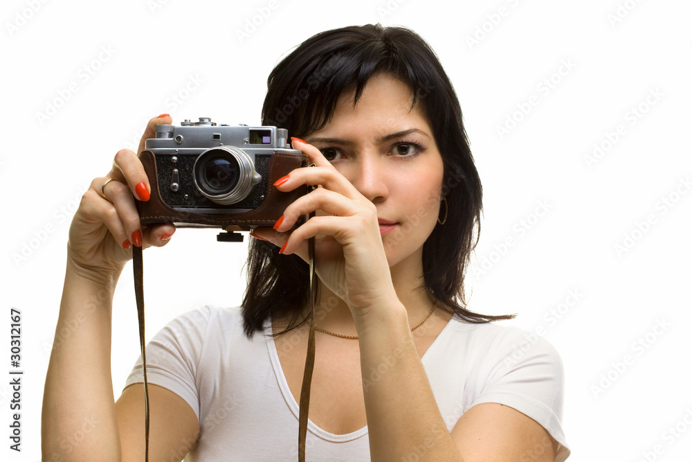 Lovely girl with old rangefinder camera isolated on white Lovely girl with old rangefinder camera isolated on white