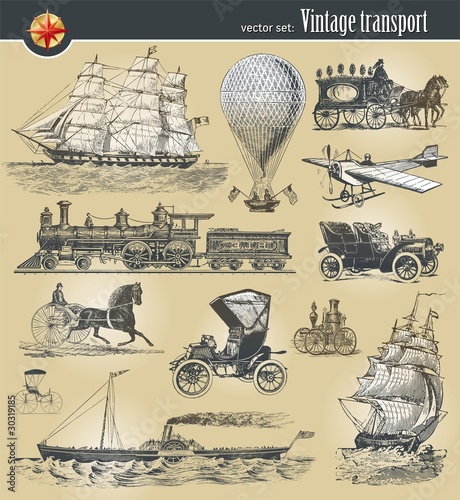 Vector set of vintage historical transport