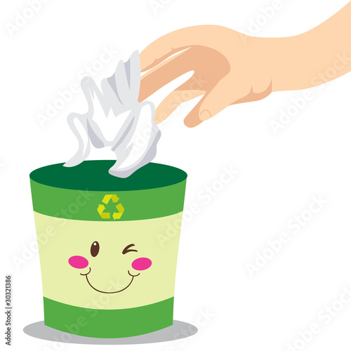 Man's hand throwing a paper to a smiling green recycle trashcan