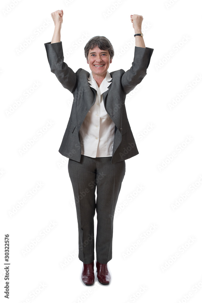 winning mature businesswoman with arms up isolated winning mature businesswoman with arms up isolated