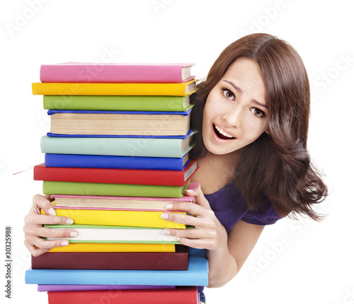 Girl with stack color book .