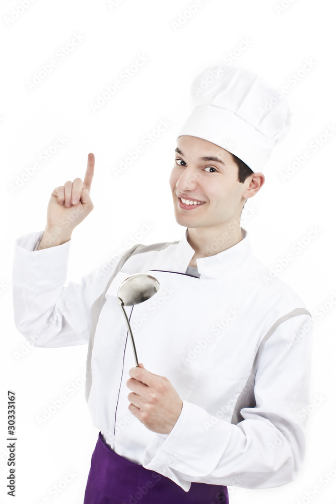 Man in chef hat. White background.