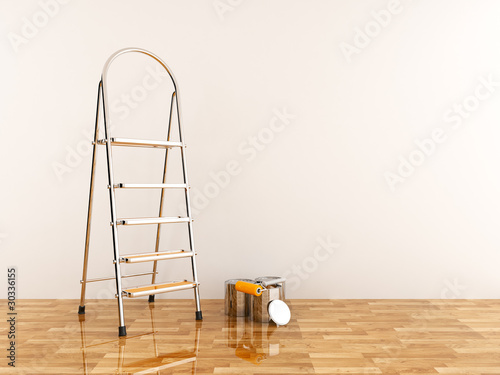 Construction ladder on a white wall. Stepladder 3D
