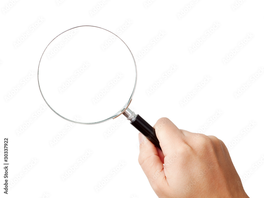 Man's hand, holding magnifying glass Man's hand, holding magnifying glass
