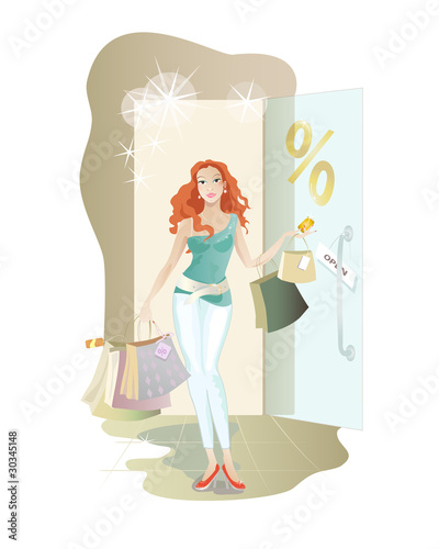 Young redheaded girl makes discount shopping.