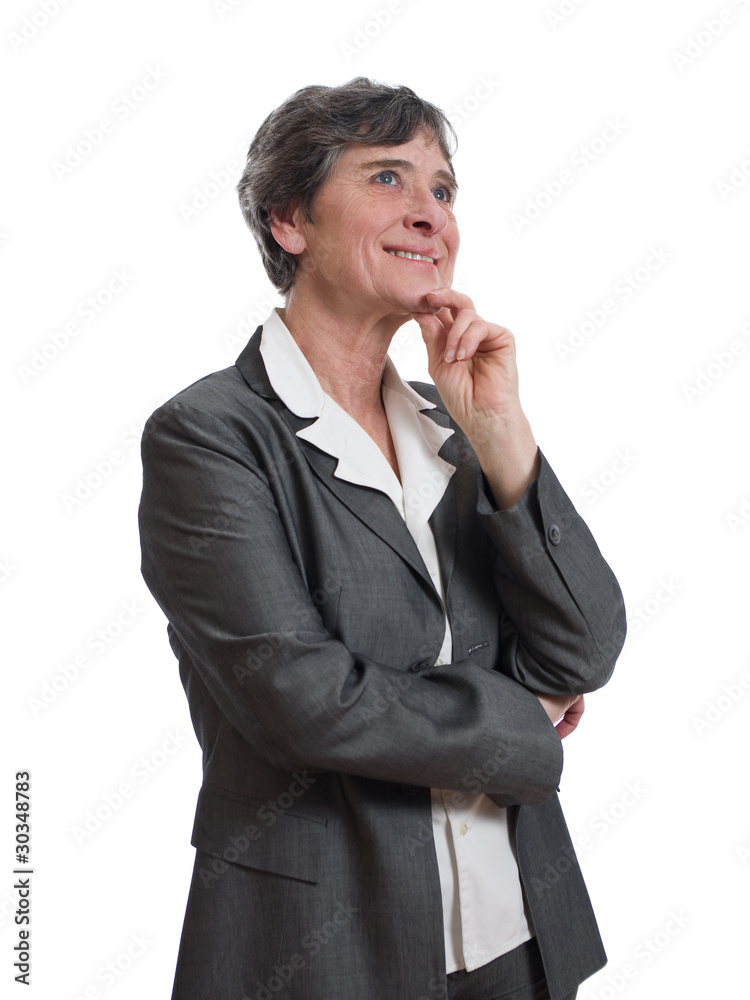 smiling mature businesswoman thinking isolated on white