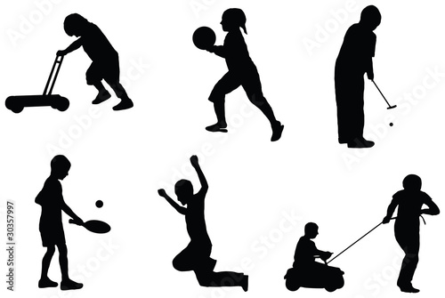 vector silhouette set of children playing with toys